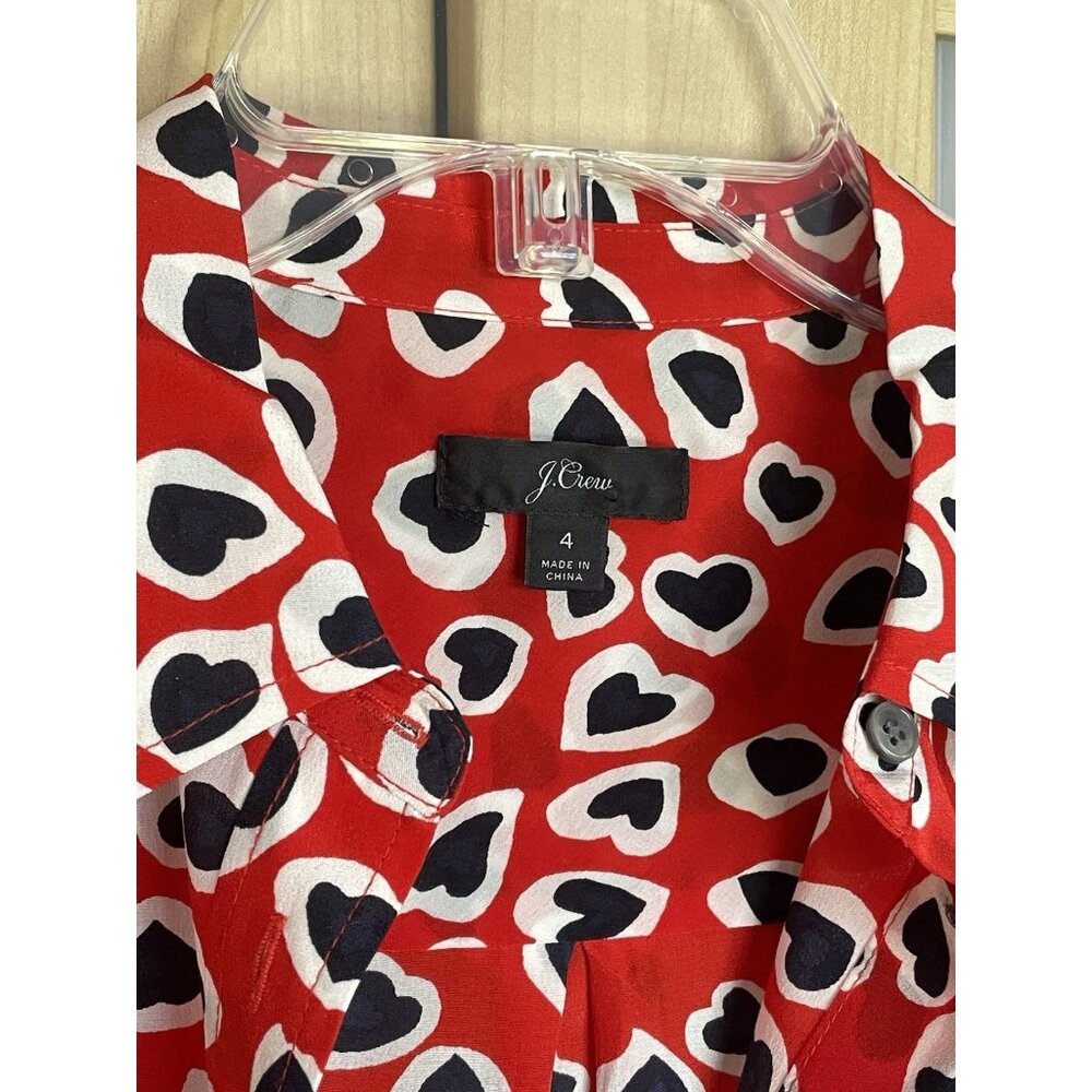 J.Crew Collection Silk Blouse Sz 4 Heart Print Boy Shirt Red Classic Top Party - Picture 3 of 4